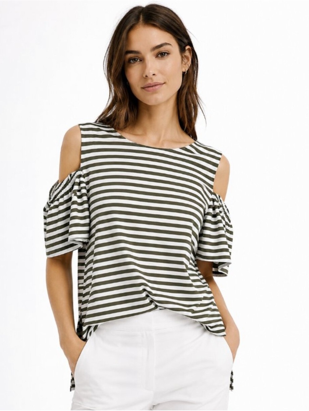 Akris Punto Olive & White Striped Cold-Shoulder Top
